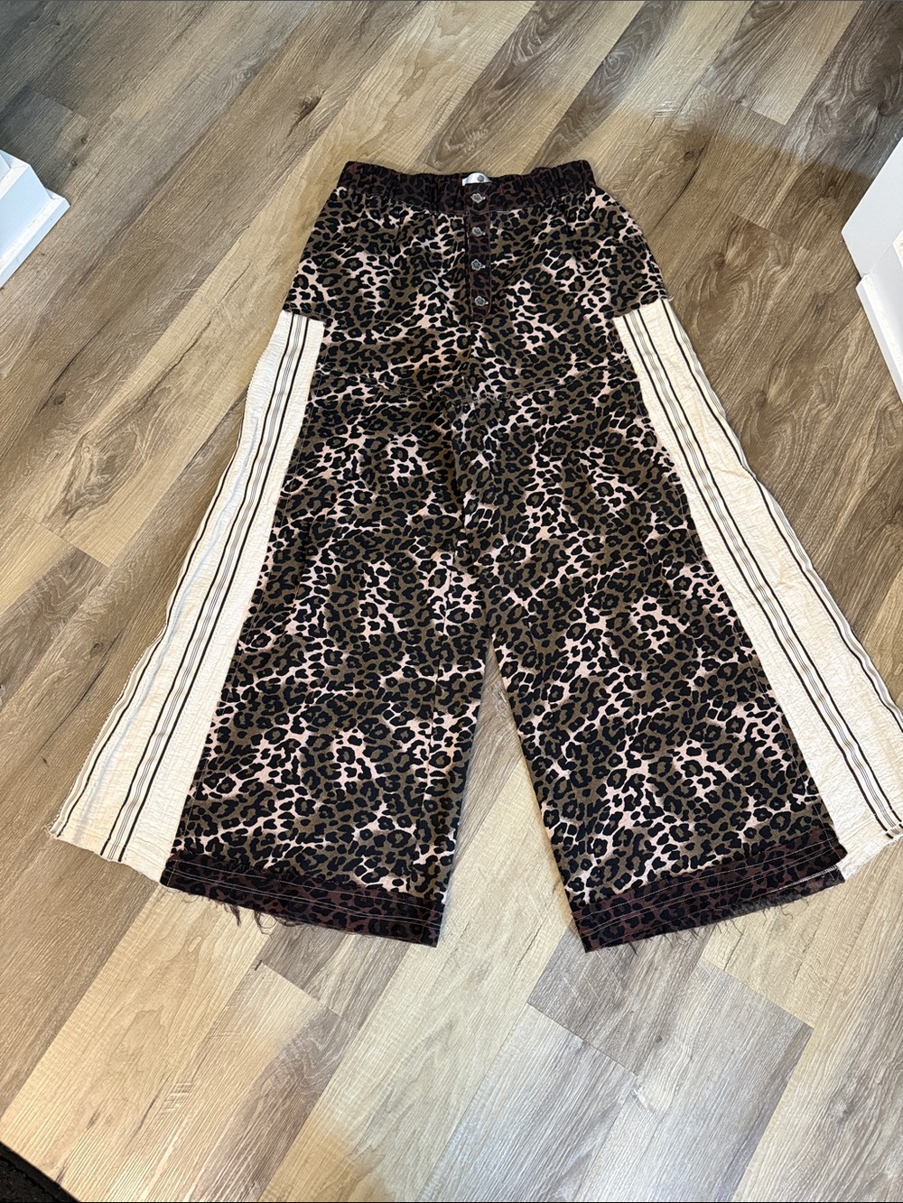 POL Wide Leg Jumpsuit Pants in Leopard Print with Cream Side Panels